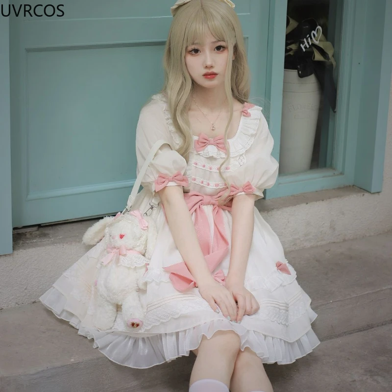 Sweet Lolita Style Dress Women Japanese Kawaii Pink Bow Lace Ruffles Short Sleeve Dresses Girls Summer Princess Party Mini Dress