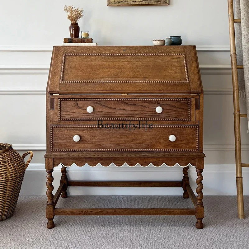 

yj19 American-style Solid Wood Bedside Table Storage Vintage-style Distressed Double Drawer Storage Cabinet