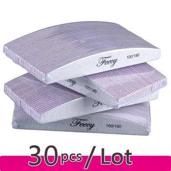 30 ชิ้น/ล็อตเล็บแฟ้มบัฟเฟอร์ 100/180 กรวด Half Moon DOUBLE SIDE กระดาษทรายเล็บขัดเจลเล็บเล็บเล็บเครื่องมือ