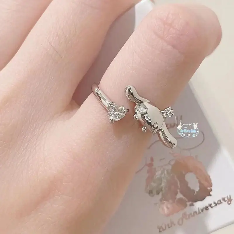 2023 Sanrio Cinnamoroll Ring Original Design Cute with Diamonds Hundred Open Finger Ring Gift Box Set Kawaii Anime Toy for Girl