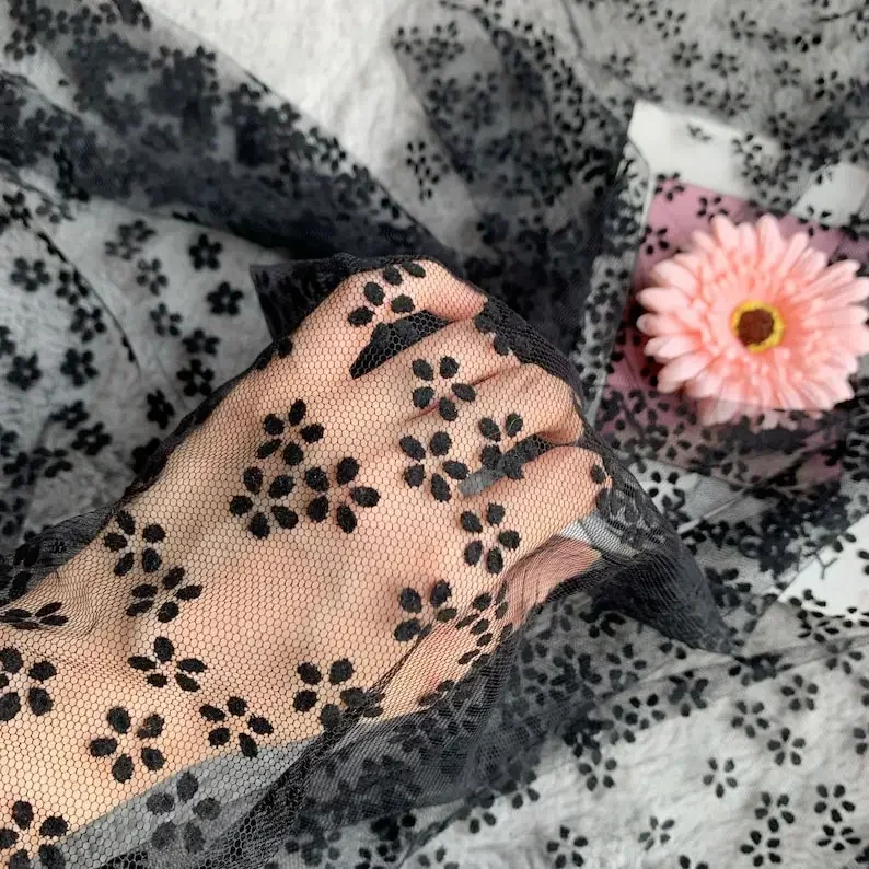 

1 yard Black Flowers Flocking Lace Fabric Flocked Floral Tulle Fabric For Girl Dress Tutu Dress Wedding Dress Bridal Veil