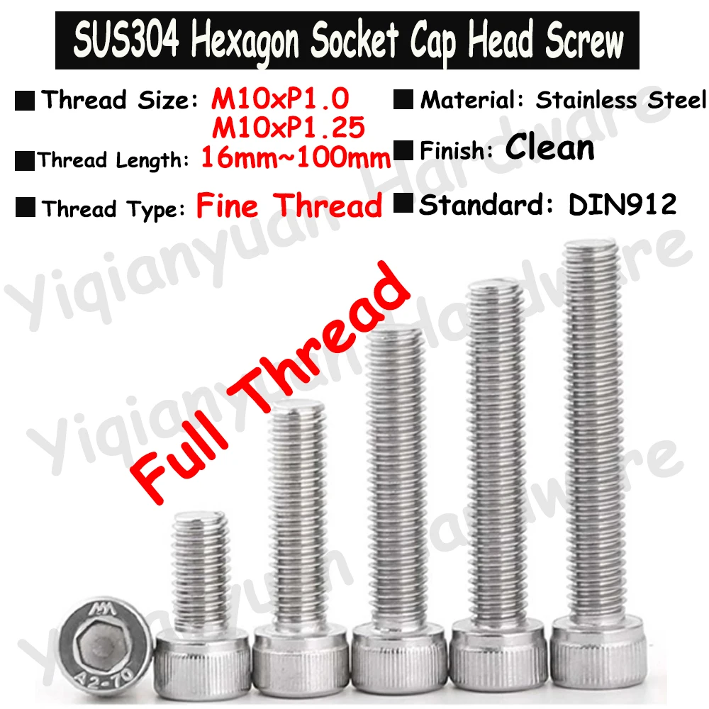 

1Piece~2Pcs DIN912 M10xP1.0/P1.25 Fine Pitch Thread SUS304 Stainless Steel Hexagon Socket Knurled Cap Head Bolt Allen Key Screws