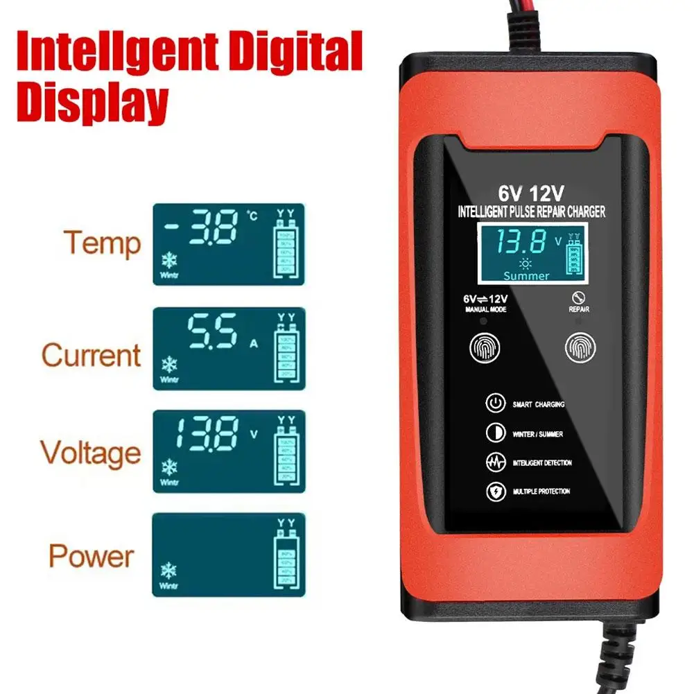 6V 12V 6A Smart Fast Charge Cycle GEL Lead-Acid Charger Car Charger Display Universal Repair LCD Battery Auto Pulse Y4V2