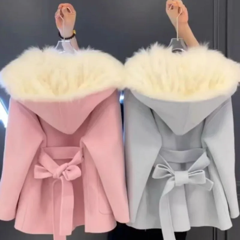 Korean Gentle Fried Street Girl Milk Good Design Feeling Solid Color Belt Lazy Blue Pink Fluffy Fur One Hooded Woolen Coat