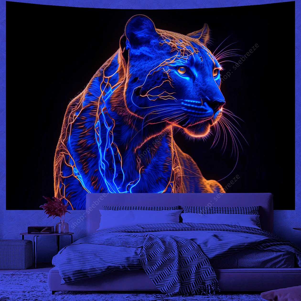 Animal UV Reactive Tapestry Psychedelic Lion Tiger Leopard Tapestry Hippie Aesthetic Room Decor Boho Home Wall Decor Picnic Mat