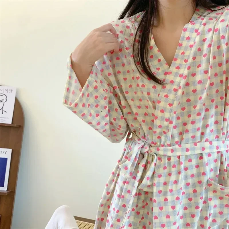 Long sleeve Nightgown Women Japanese Spring and Autumn Kimono Bathrobe Mid-Length Sweet and Cute Plaid Little Love Homewear N...