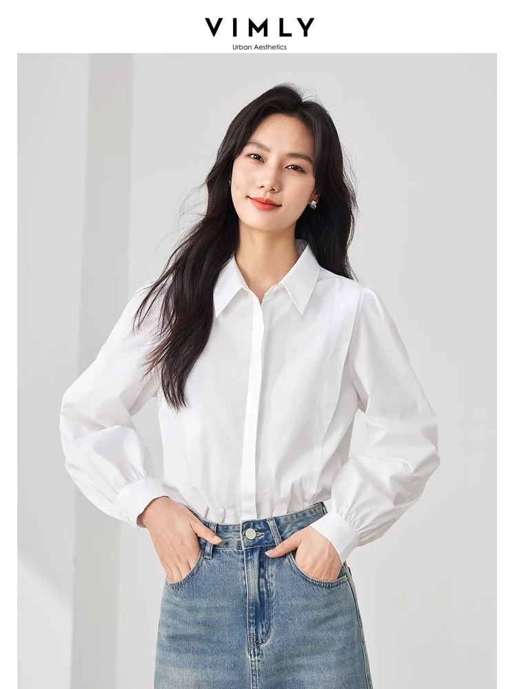 Vimly French Style Cotton 100% White Shirt 2024 Spring Lapel Casual Straight Women's Blouse Long Sleeve Top Woman Clothing M3981