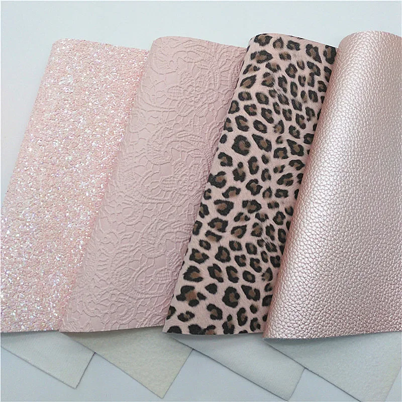 Pink Chunky Glitter Leather Leopard Printed Synthetic Leather Lace Vinyl Litchi Pearlized Leather Sheets For Bows 21x29CM Q818