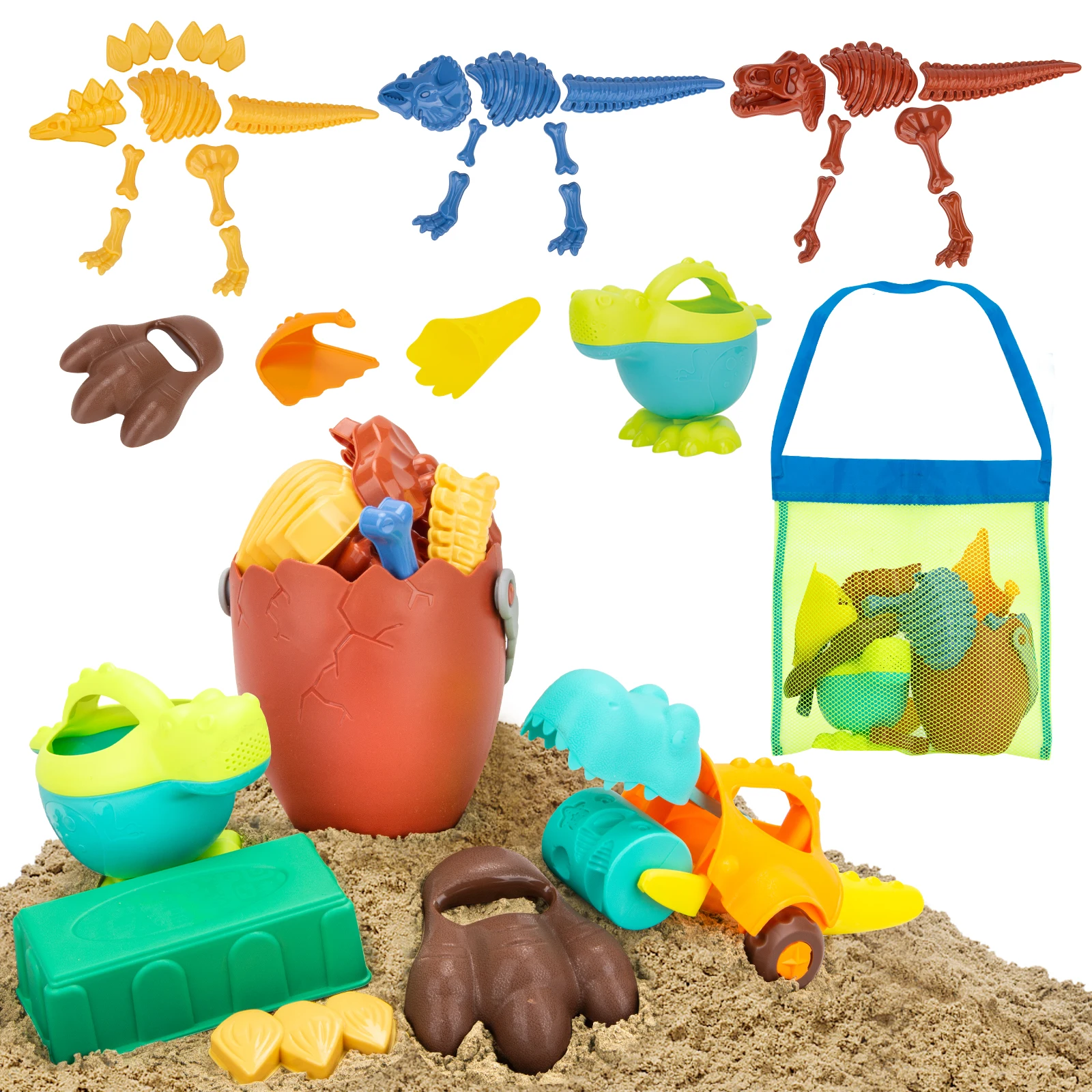 EDUCIRO Dinosaur Beach Toys for Kids 3-5,Dinosaur Mould Set 33 PCS Sand Toys with Mesh Bag,Gifts for Boys and Girls 6-10