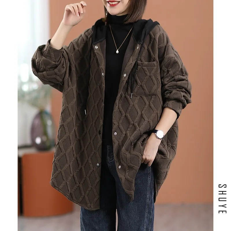 Lightweight Cotton Jaet Women's Autumn Winter Casual Faion Midi Length Patchwork Color Hooded Rhombus Cotton Coat