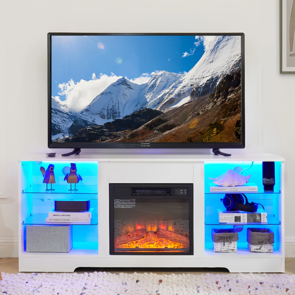 TV Stand Electric Fireplace  Glass Shelves, 3D Fireplace TV Stand with USB Charging Outlet Modern Television Table Center