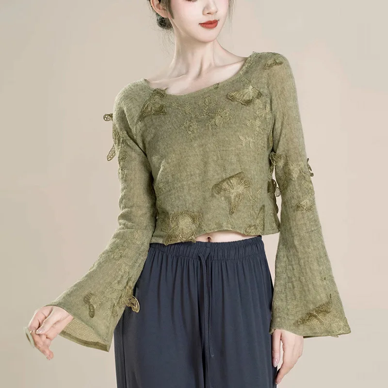 

Classical dance suit butterfly embroidered top horn long sleeve Chinese dance folk dance practice suit