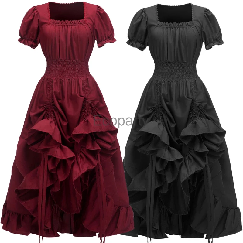 

Women Medieval Costume Renaissance Vintage Square Neck Short Sleeved Flounce Irregular Maxi Dress Halloween Victorian Costumes