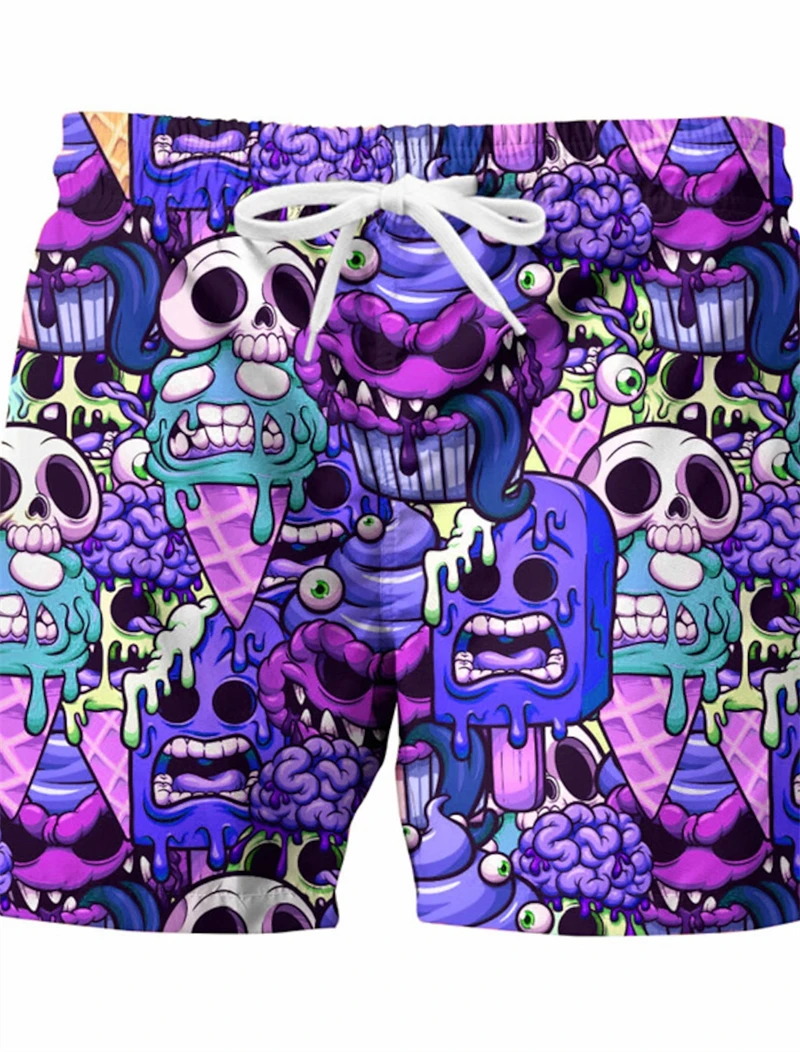 

Funny Ice Cream Skull 3D Graphic Designer Shorts Men Woman Breathable Quick Dry Swimwear Pants Vacation Hawaii Beach Ice Trunks
