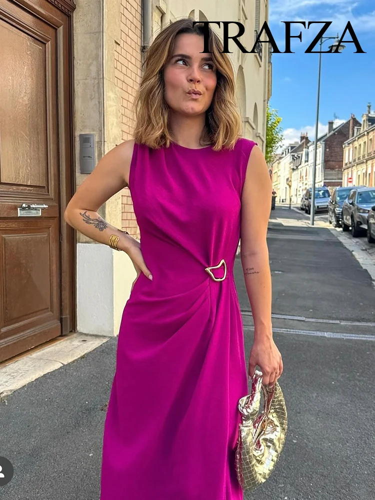 

HH Women's Summer Fashion Solid Crew Neck Buckle Pleated Midi Dress Female Elegant Party Side Slit Asymmetrical Zipper Dress