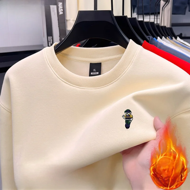 Camiseta de Moletom Masculina de Manga Longa com Gola Redonda, Forro de Lã Grosso, Bordada, Oversize, Quente, Casual, em Mist...