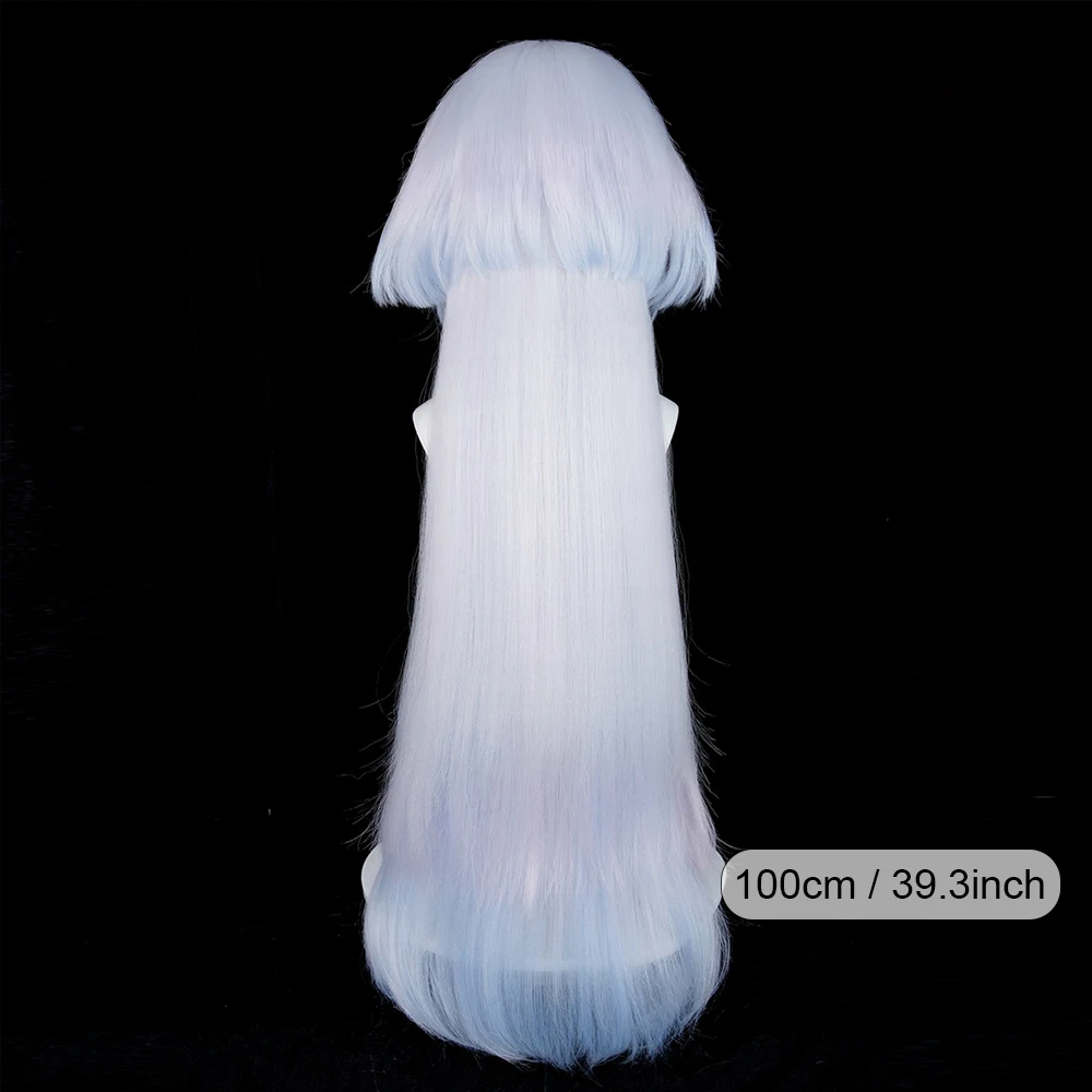Synthetic Long Straight White Ombre Blue Jellyfish Head Wigs with Bangs Anime Game Cosplay Fluffy Wig for Daily Party