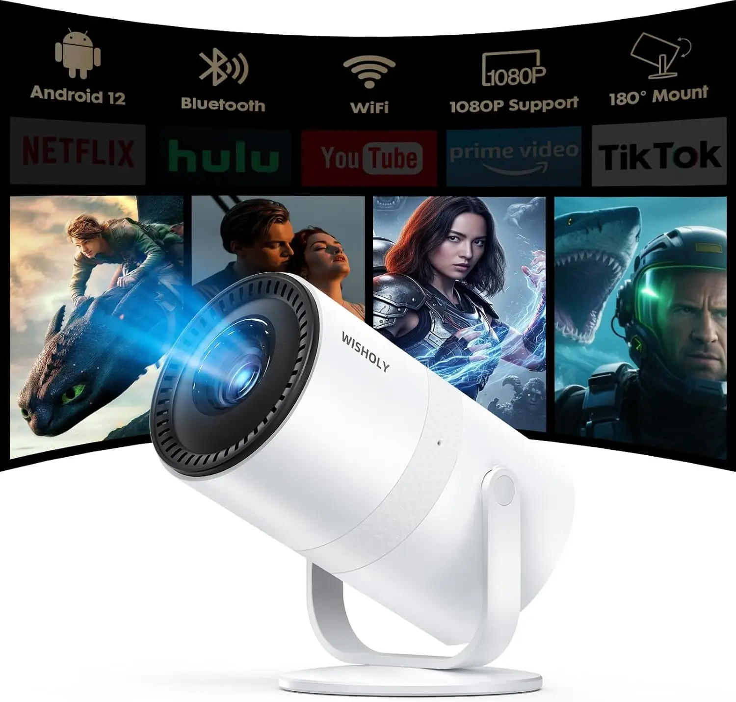 Android 12 Mini Projector with Electric Focus, 1080P WiFi Bluetooth Portable Movie Projector Rotatable for Smartphone