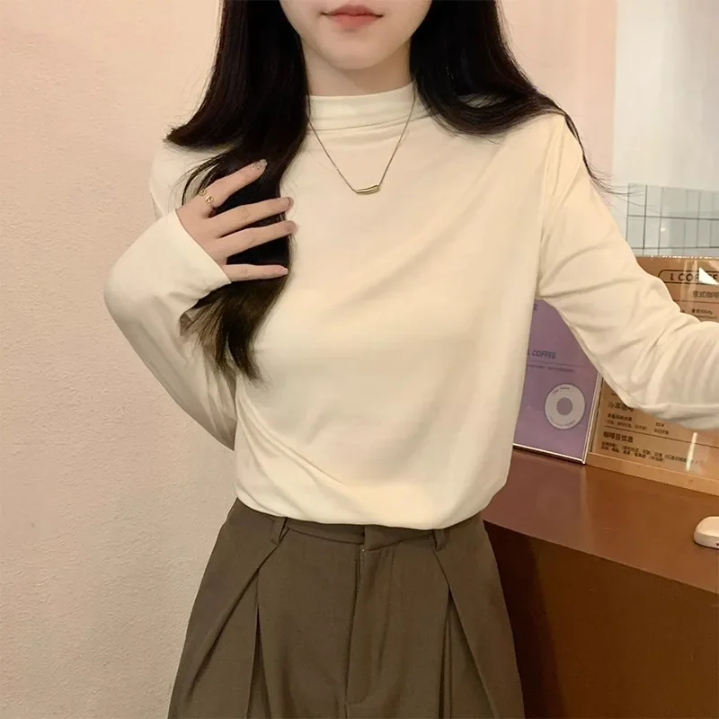 Maillard Autumn Winter Long Sleeve Bottom Shirt T-shirt Women's Plush Thickened Half High Collar Slim Fit Interior Top