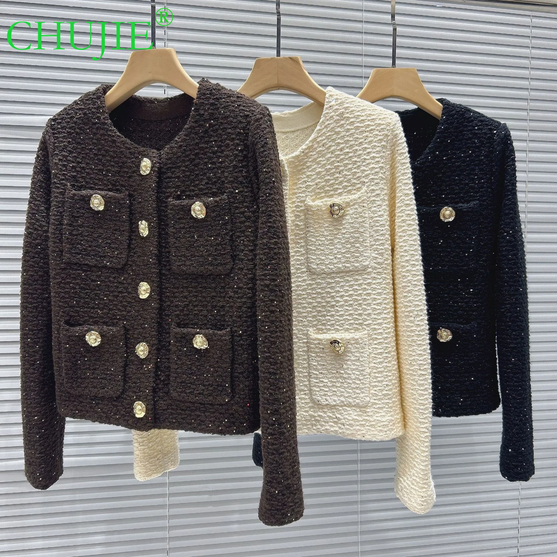 

CHUJIE 2025 осень зима новый французский стиль легкий роскошный блесток металлическая пряжка четыре кармана круглый вырез короткий кардиган куртка