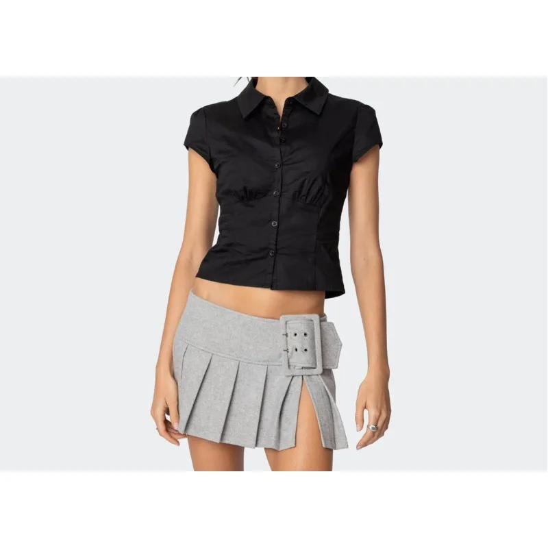 

Vintage Spice Girl Pleated Waist Design Short Sleeve Shirt Top Women's Clothing