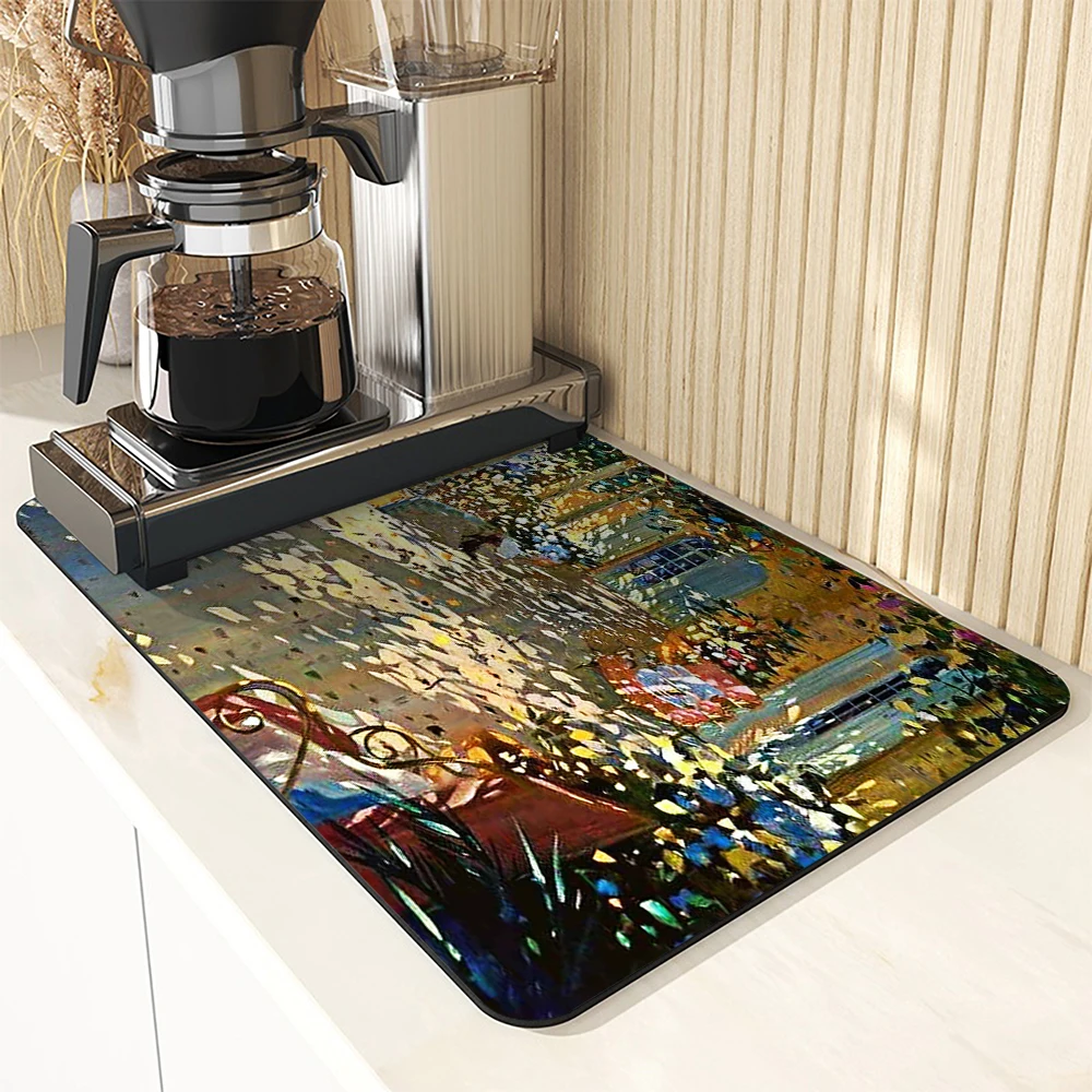 Absorbent Coffee Mat Dish Draining Mat Oil Painting City Kitchen Drying Mat Quick  Bathroom Drain Pad Kitchen Faucet Placemat