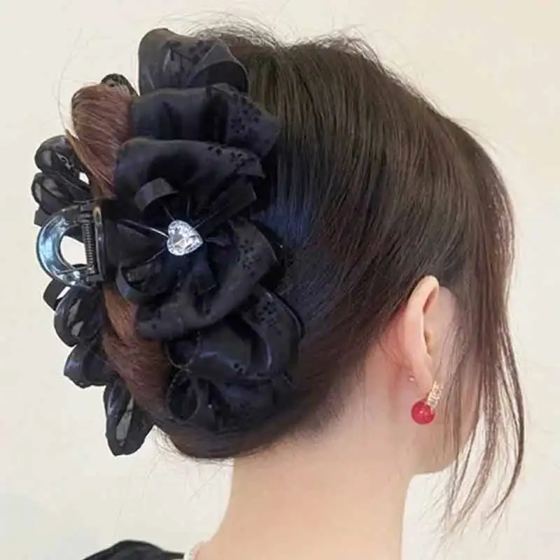 1개 여성용 멀티 컬러 라인스톤 하트 메쉬 리본 헤어 클립 양면 버블 그립 푹신한 헤어 집게 스타일리쉬 헤어 액세서리