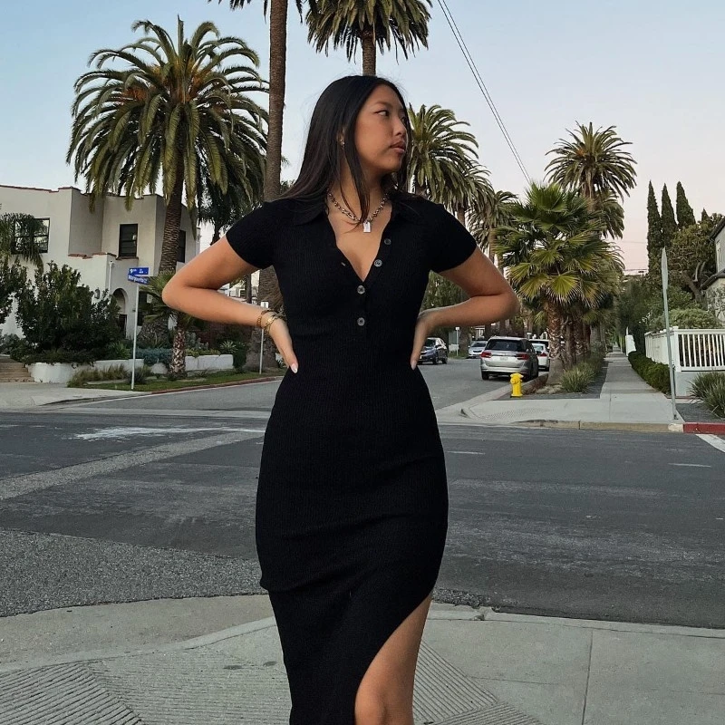 أنيقة مكتب سيدة فساتين طويلة النساء الصلبة موضة التلبيب كم قصير زر الجانب الشق تي شيرت فستان تشكيل الجسم رداء الشارع