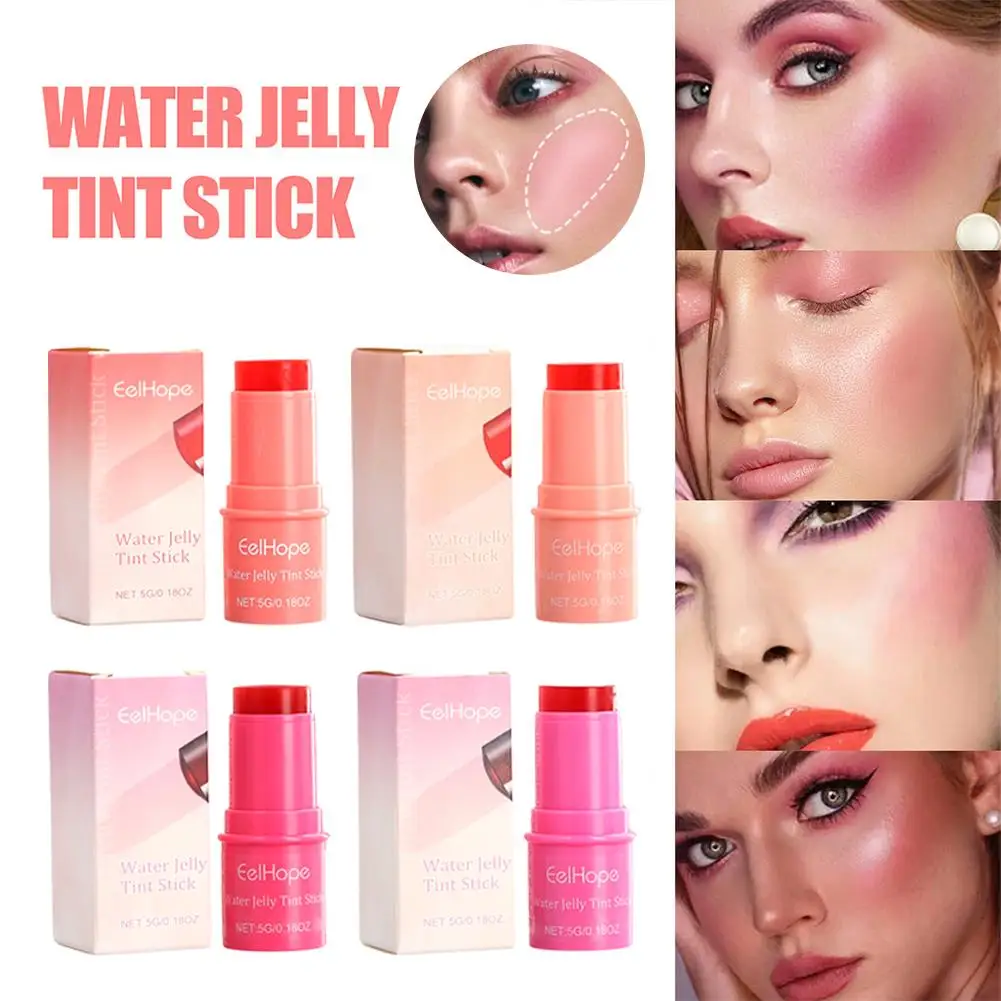 Water Jelly Tint Stick Lip Cheek Blush Stain Rotatable Rouge Stick Blusher Pen 4 Powder Coloring Moisturizing Easy Colors D0i4