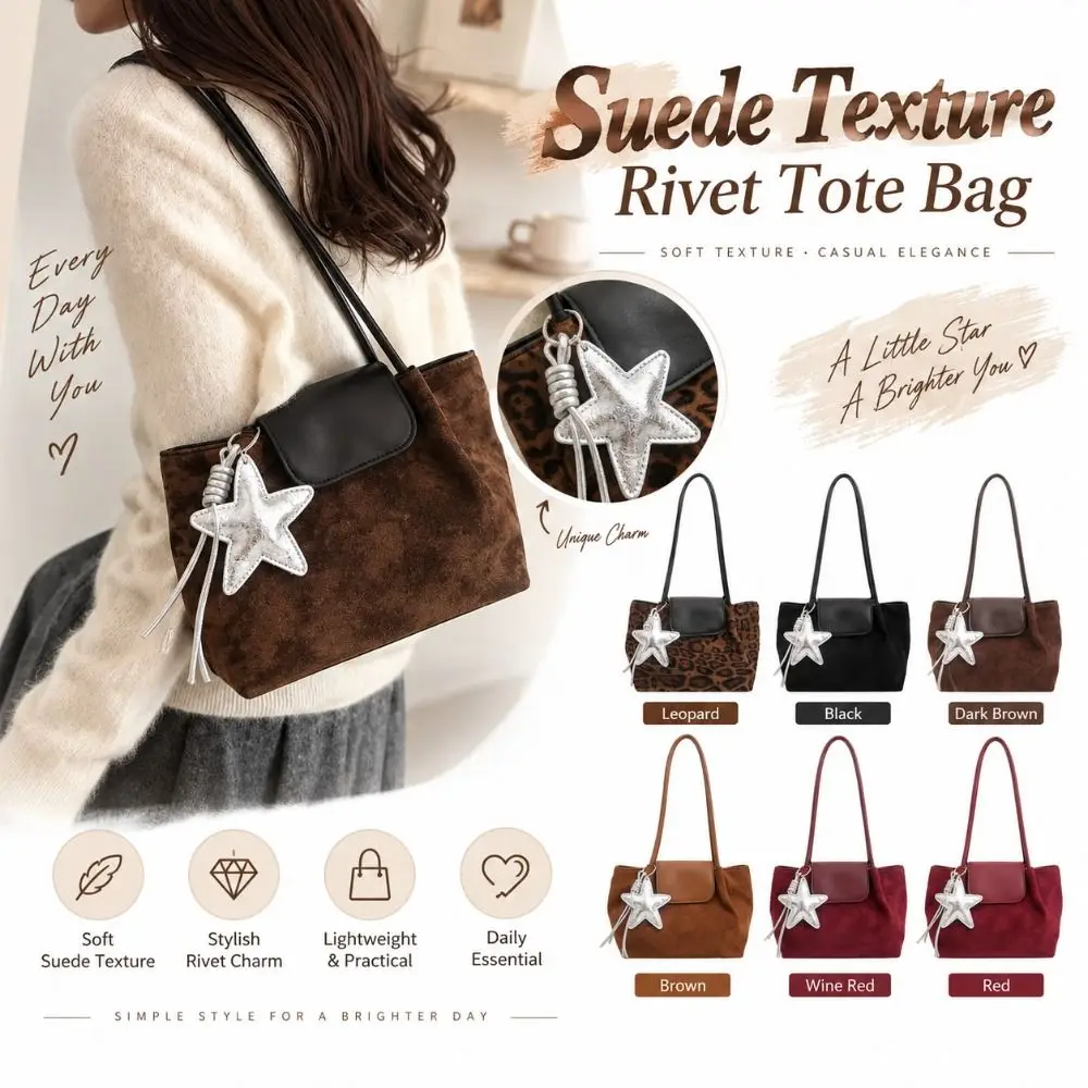 New Suede Flap Shoulder Bag Star Pendant Large Capacity Tote Bag Leopard Pattern Retro Style Women Handbag Daily Outfits