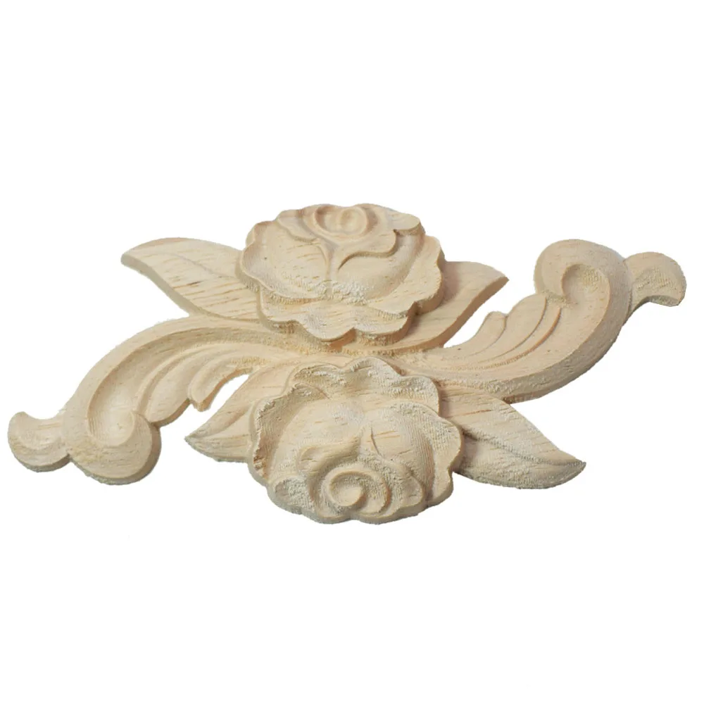 4PCS 12cm Corner Appliques Woodcarving Rose Flower Unpainted Floral Carved Wooden Crafts Furniture Ornament DIY Home Decoration