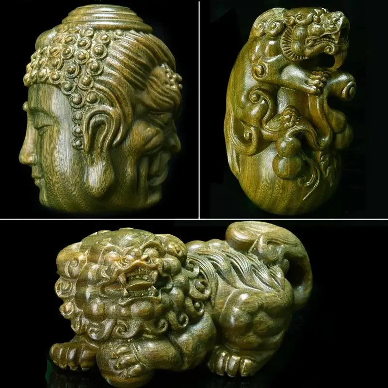 Green Sandalwood Wood Carving Crafts Hand-carved Buddha Magic Lion Holding Ball Handle Piece Brave Wild Animal Blessing Amulet