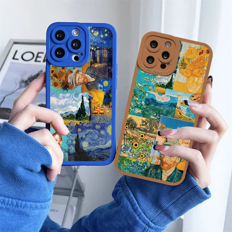 Vintage Van Gogh Phone Case for iPhone 13 12 11 14 Pro Max Puzzle Illustration Phone Back Cover for iPhone 8 7 Plus SE2 X XS XR