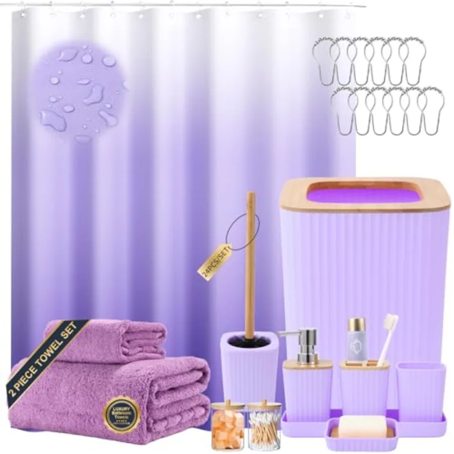 

Набор аксессуаров для ванной комнаты из 24 предметов: белые аксессуары для ванной, занавеска для душа, полотенца, мочалка, дозатор для мыла, аксессуары для ванной для дома.