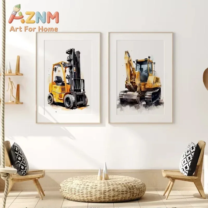 Construction Vehicle Truck Boys Nursery Wall Art Canvas Watercolor Painting Printable Picture Poster Baby Kids Playroom Decor