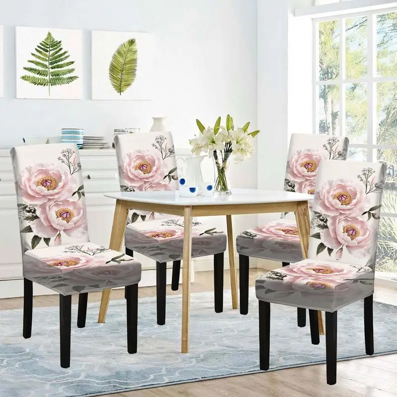 

Flat print dining chair cover Exquisite pink peony and white gypsy pattern, home dining chair cover
