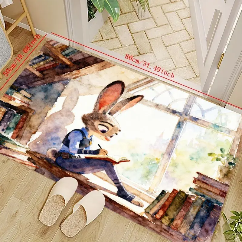 

1PC Disney Zootopia Judy Hopps Floor Mat, Cute Watercolor Rabbit Police Officer Reading Book by Window Aesthetic Area Rug, Non-S