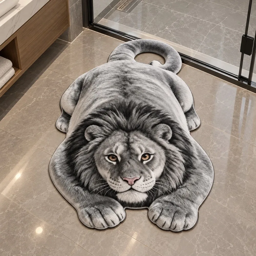 Lion Shape Optical Illusion Doormat Lifelike Multiple Sizes Bedside Rug Water-absorbing Abrasion-resistant Bedroom Floor Mat
