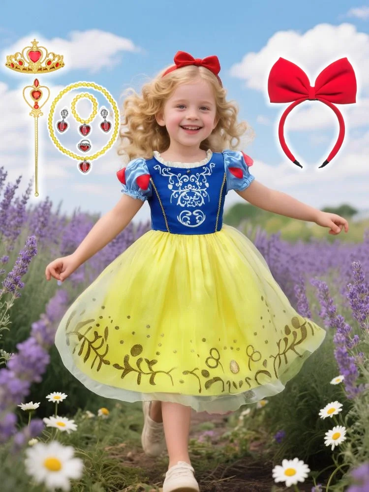 

Summer Deluxe Princess Snow White Gown For Girl Fairy Kids Cosplay Costume Toddler Carnival Apparel Halloween Christmas Dress Up