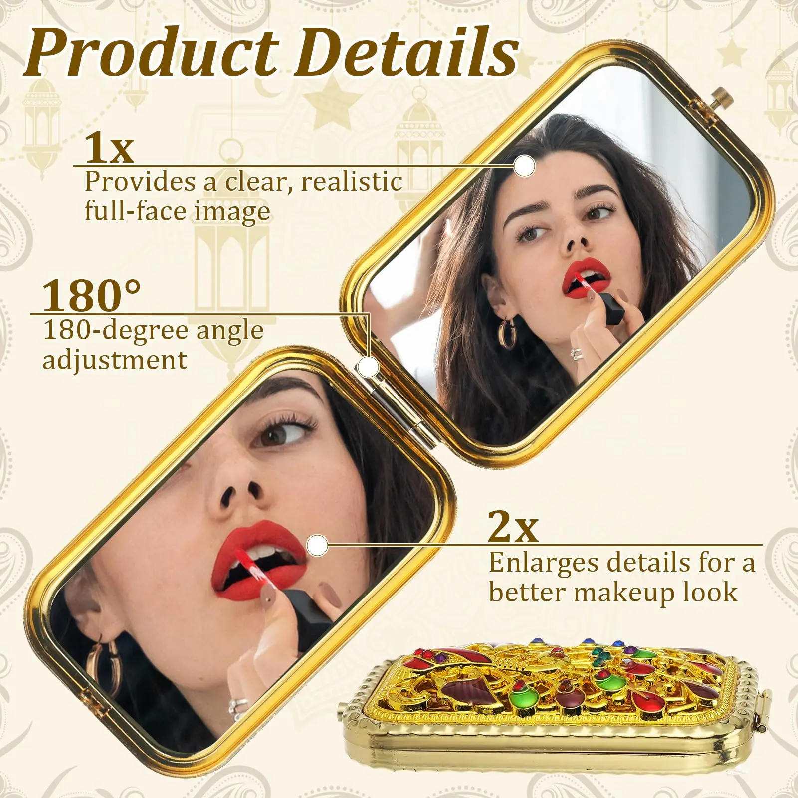 مرآة جيب عتيقة بتصميم طاووس ذهبي، مرآة مكياج مستطيلة مزدوجة الجوانب، مرآة تزيين، أداة تجميل للشرب #2