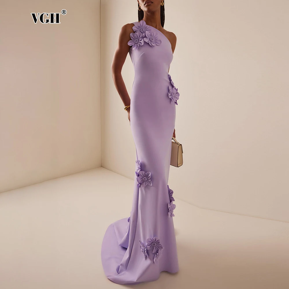 

VGH Elegant Evening Floor Length Dress for Women Diagonal Collar Sleeveless High Waist Patchwork Appliques Solid Dresses Female