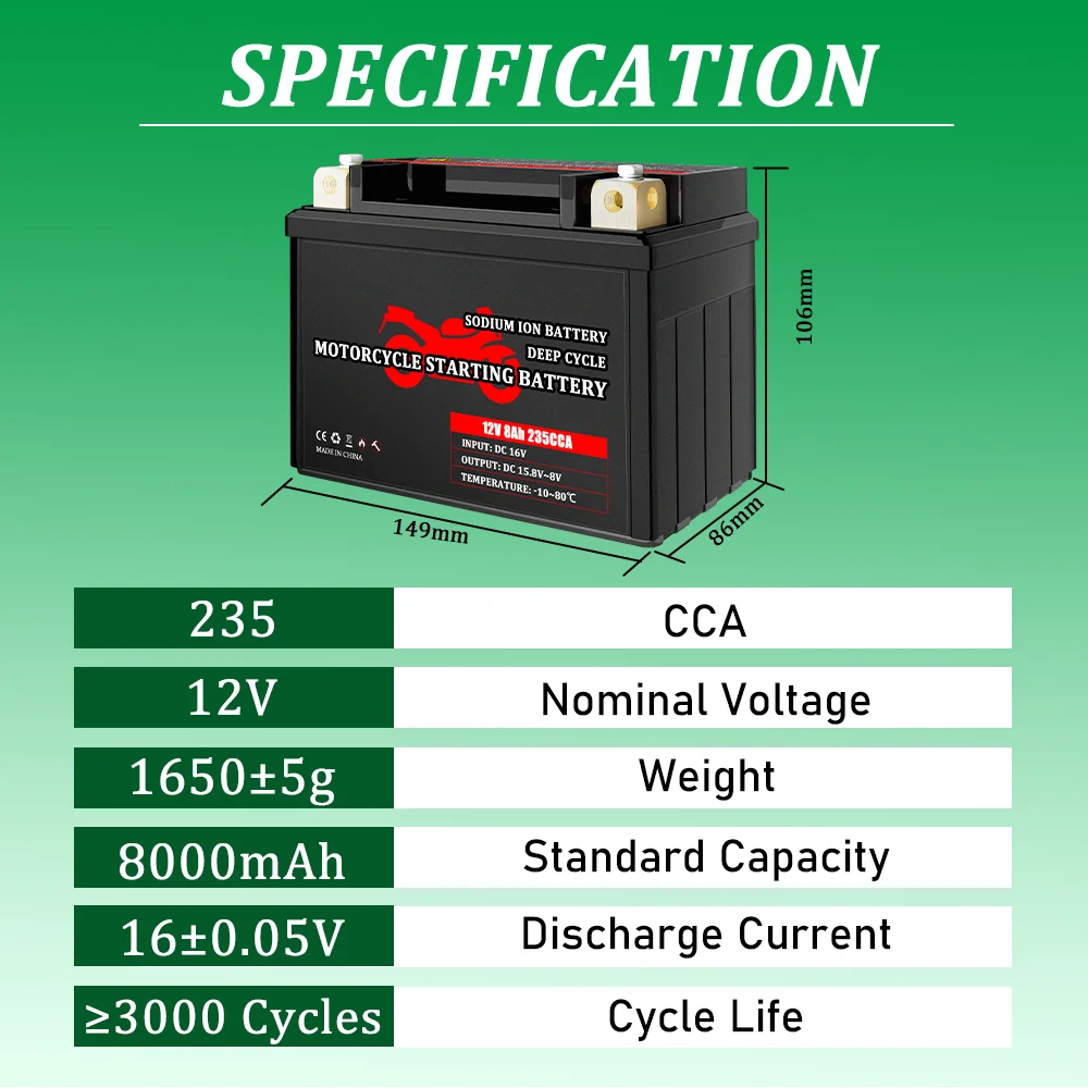 New 12V 7.8A Sodium-ion Battery Pack 235CCA SIB Batteries Maintenance Free Generator Battery For honda Motorcycle Battery