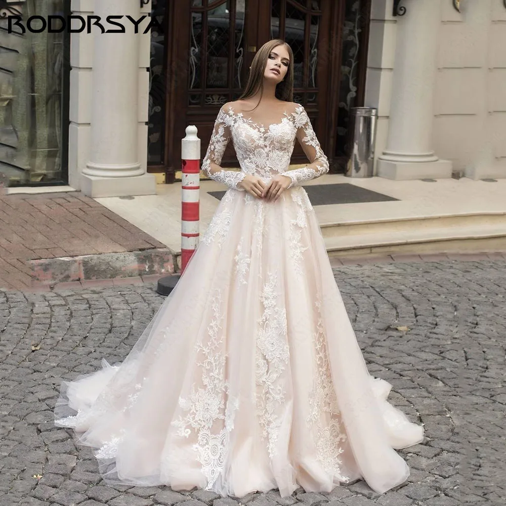 RODRSYA Beach Manica Lunga Abiti Da Sposa Per Sposa Tondo Collo A-Line Aplique SeeRODDRSYA Beach abiti da sposa a maniche lunghe per la sposa Scoop Neck a-line Aplique See-Through Applique abito da sposa Robe De Mariée