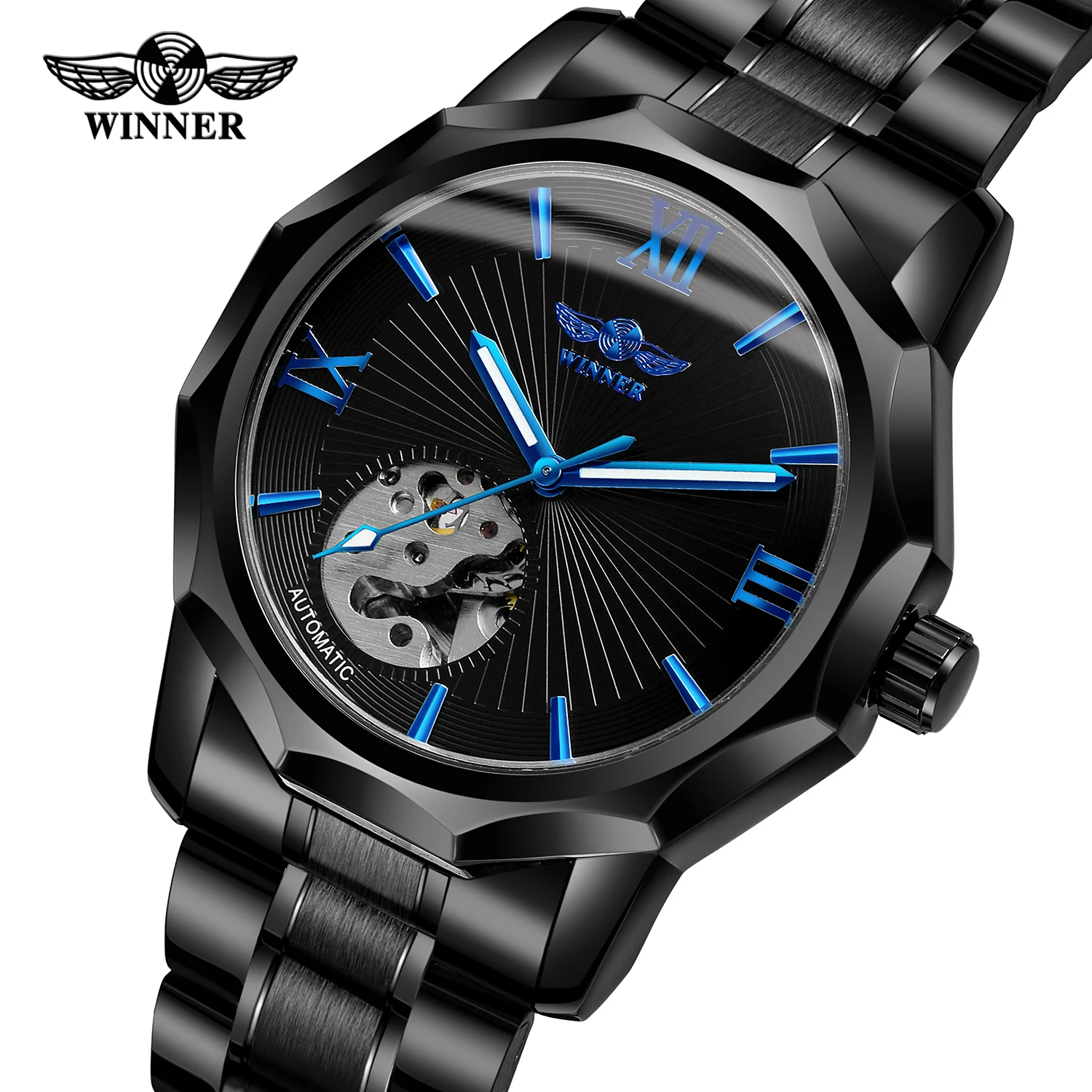 

Blue Ocean Geometry Design Transparent Skeleton Dial Mens Watch Automatic Fashion Mechanical Watch Clock Black Stainless Steel