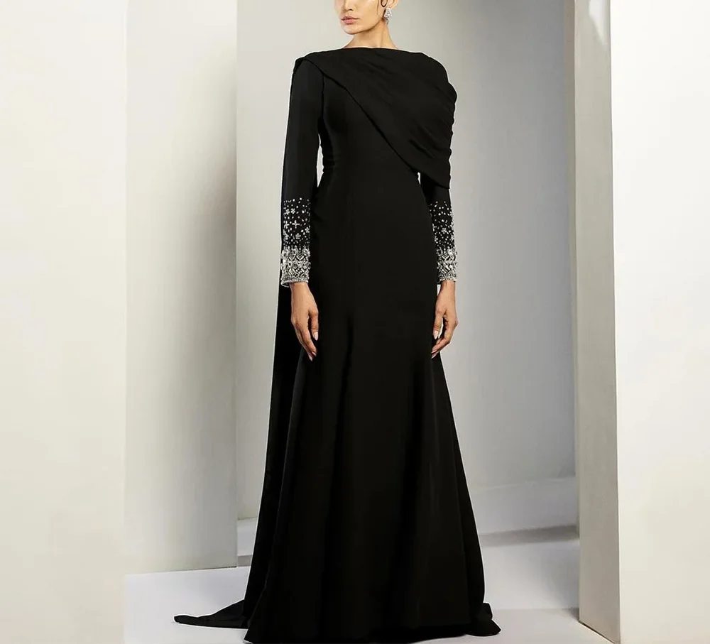 AdoreCustomized Arabisches Ballkleid mit U-Ausschnitt und langen Ärmeln, Kristallstein, saudfarbenes arabisches Abendkleid mit Umhang, schwarzes Meerjungfrau-Partykleid