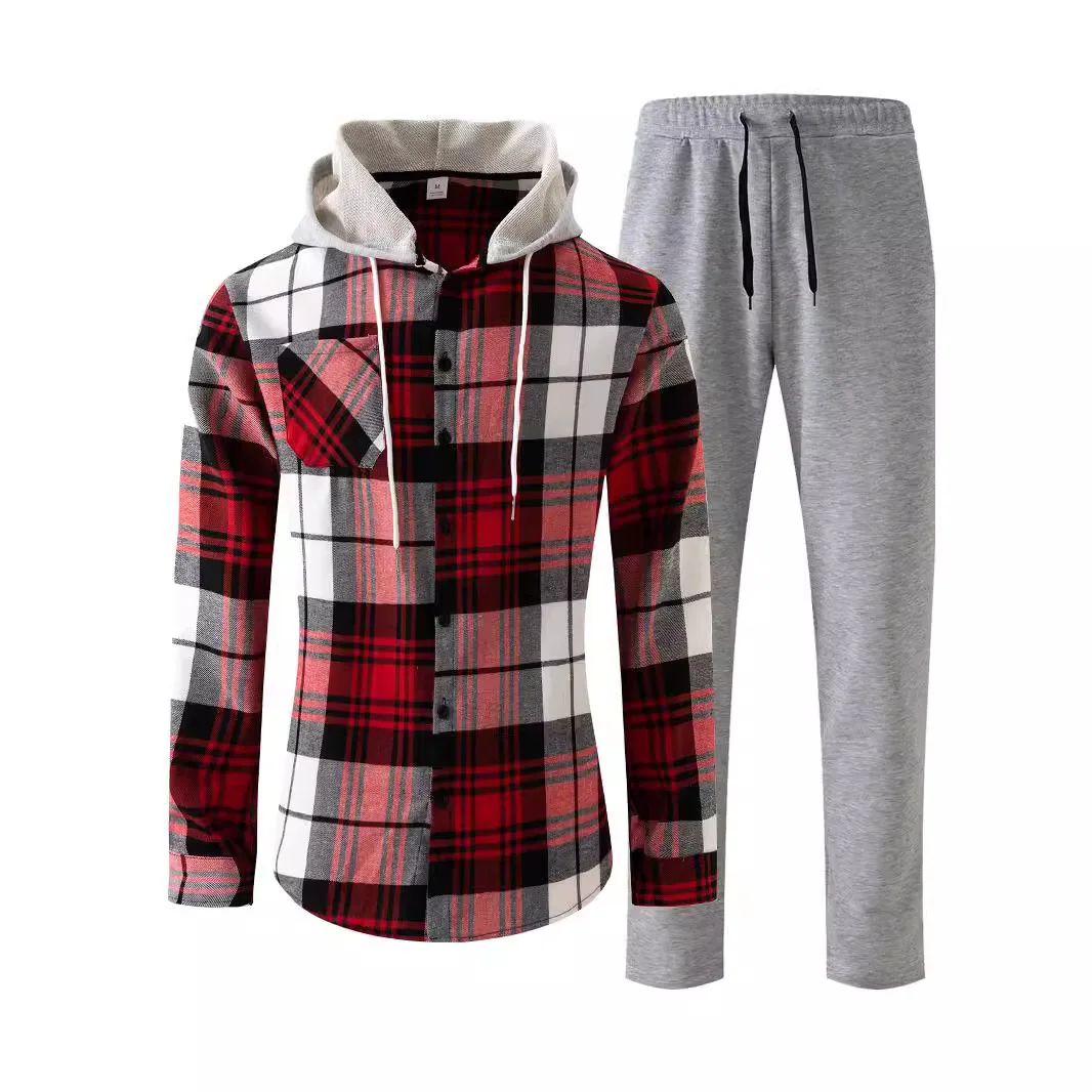 Conjunto de pantalones deportivos de manga larga para hombre, traje informal con capucha y botones a cuadros, moda de primavera y otoño, 2 piezas