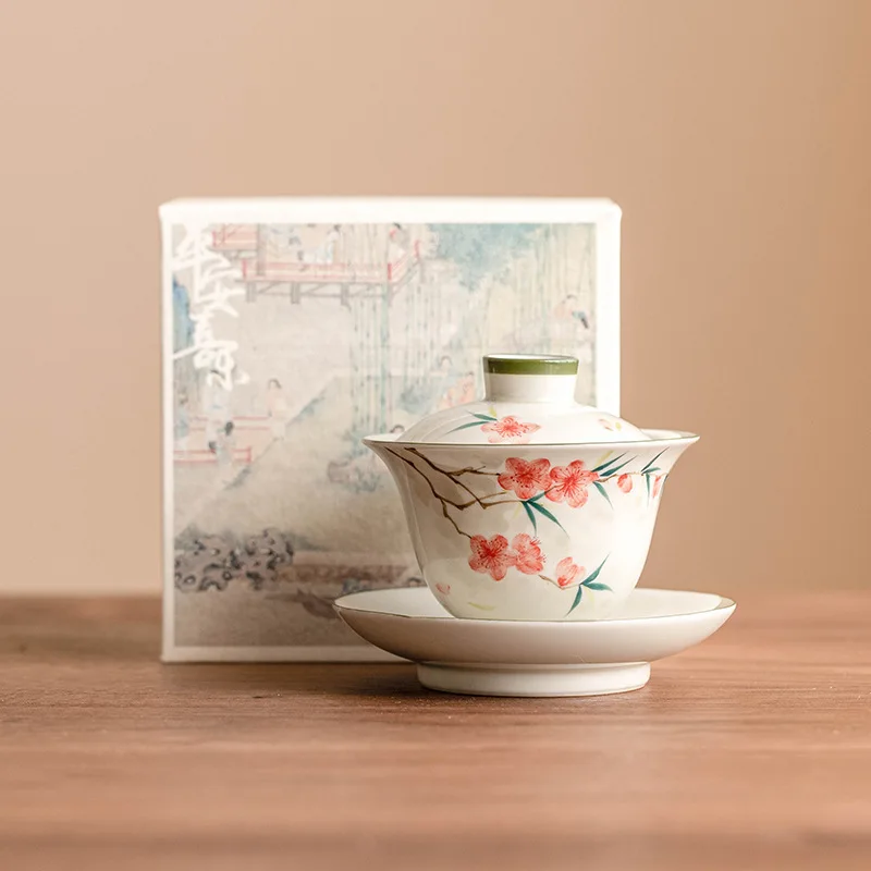 رسمت باليد زهر الخوخ ثلاثة المواهب Gaiwan فنجان شاي واحد الراقية طقم شاي الكونغ فو الصينية شاي سيراميك بروير وعاء للشرب #1
