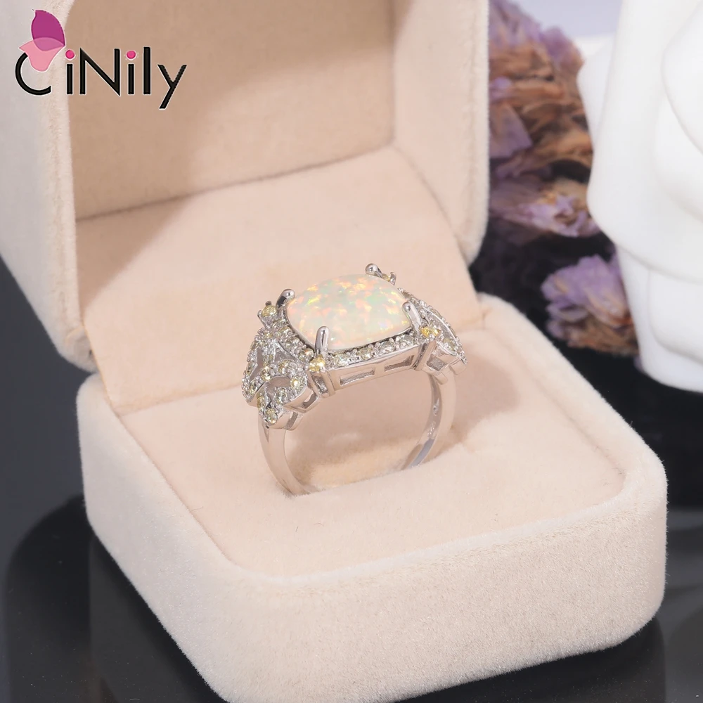 CiNily Exquisite Female White Opal Squre Ring with Gold Zircon Silver Plated Big Gemstone Ring for Women Wedding Fashion Jewelry