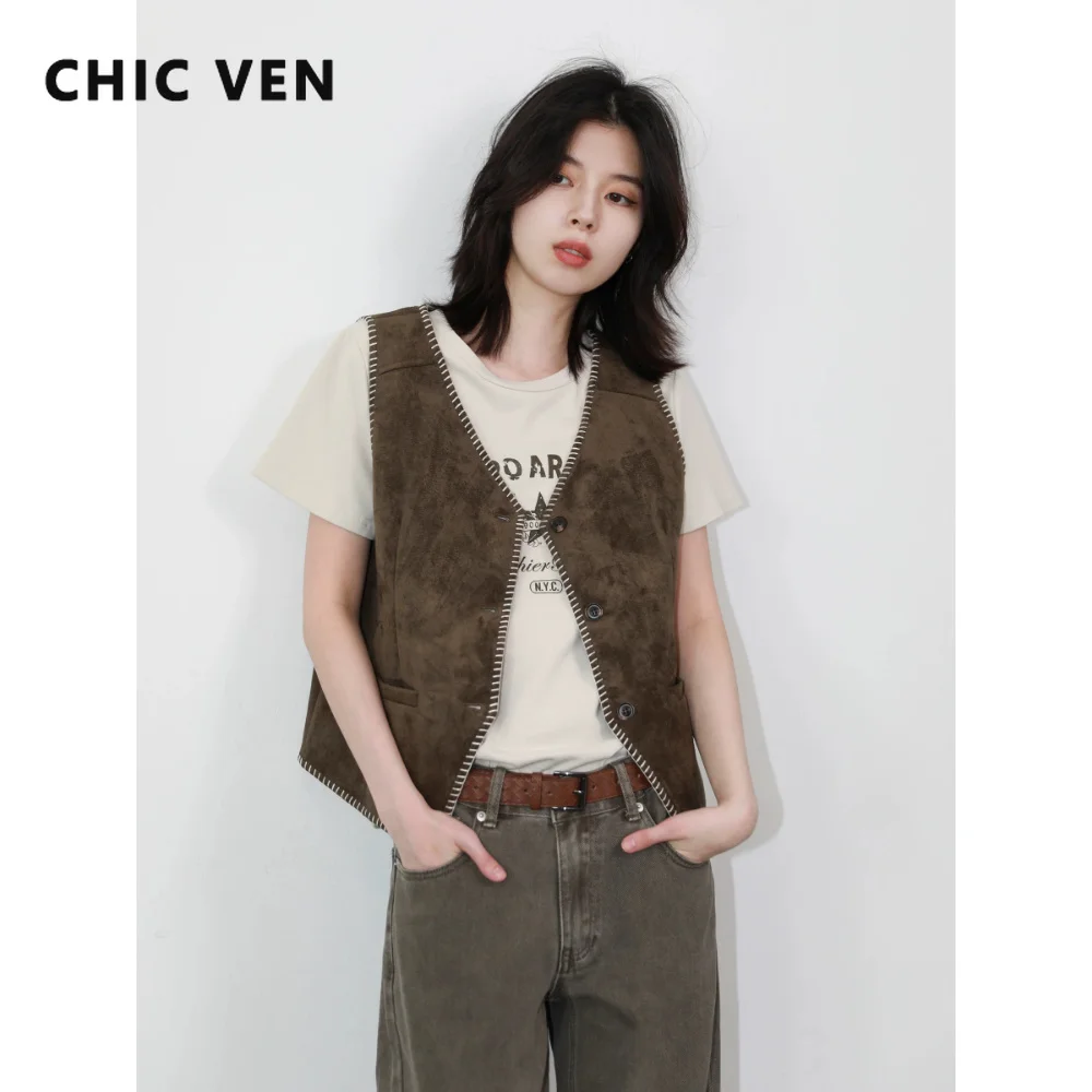 CHIC VEN Fashion Women T-Shirts V Neck Retro Bright Thread Suede Vest Short Sleeve Two Piece Set for Woman Spring Summer 2026