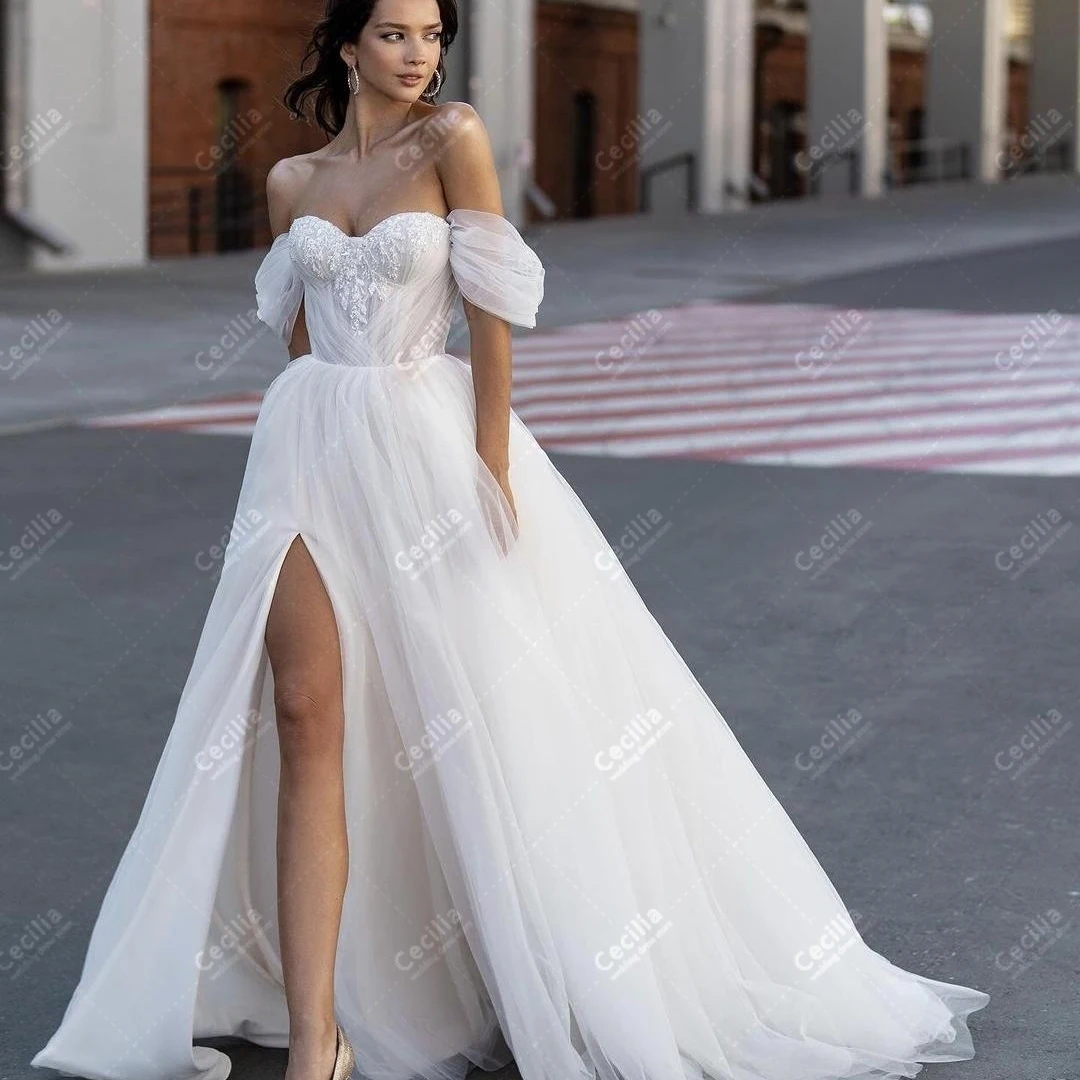 

Sexy Wedding Dresses A-Line Tulle Tiered Bridal Gowns Off The Shoulder Robe Sweetheart Backless High Slit Vestidos De Novia 2024